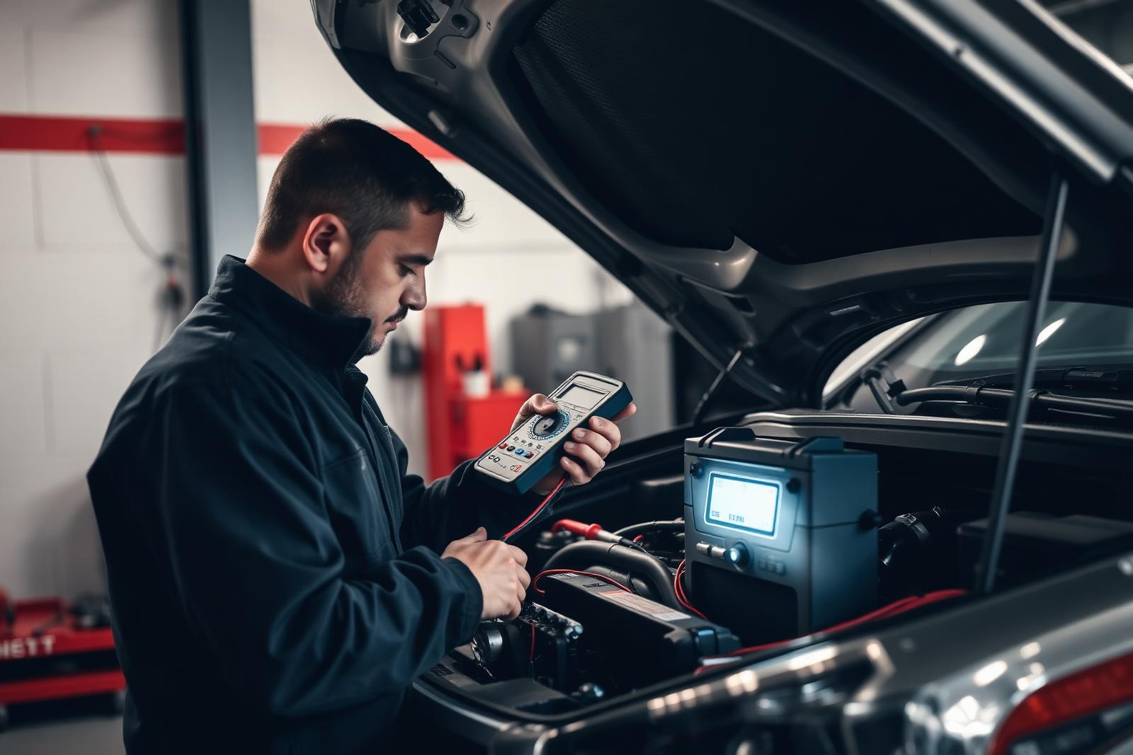 Auto electrician testing a car battery and alternator in the Fyshwick workshop