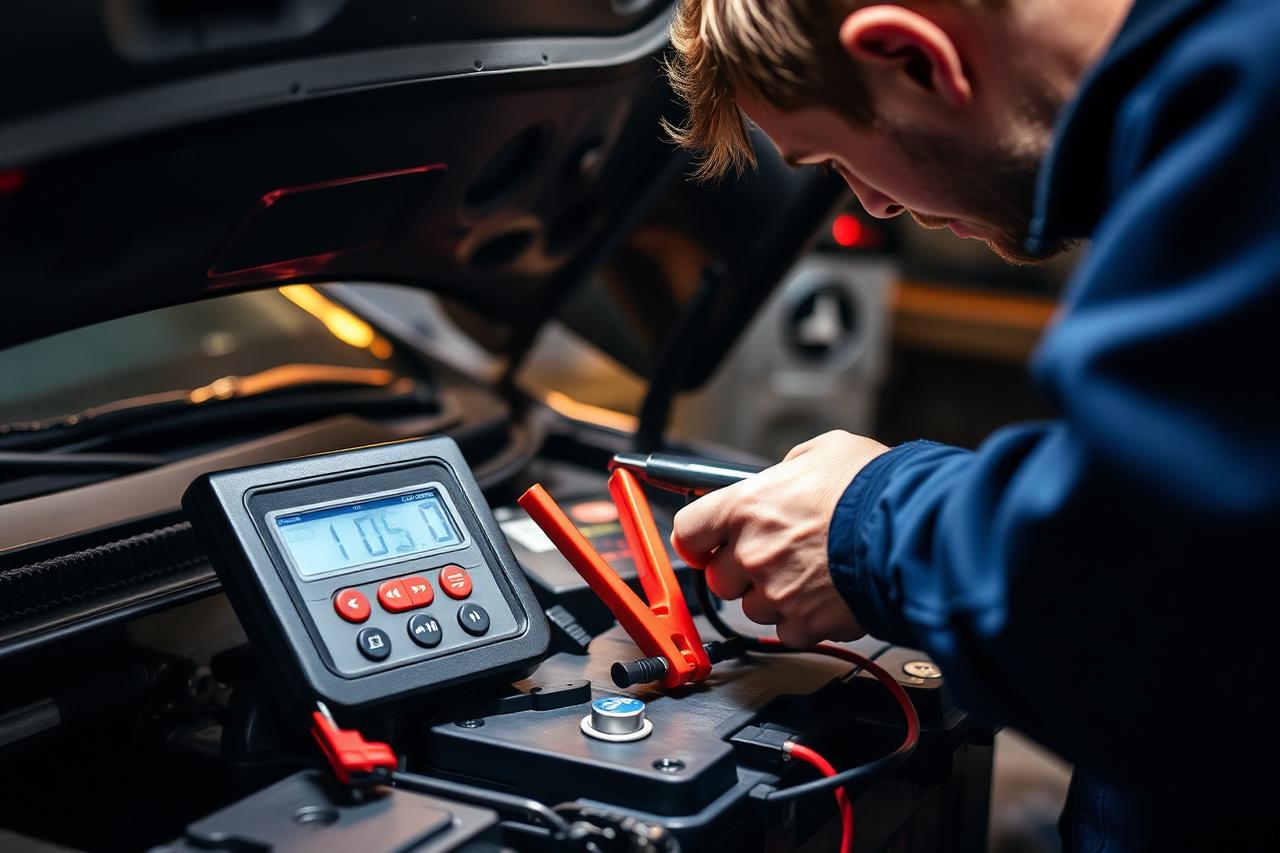 Mechanic testing a car battery with a digital tester in the Canberra Tyres workshop