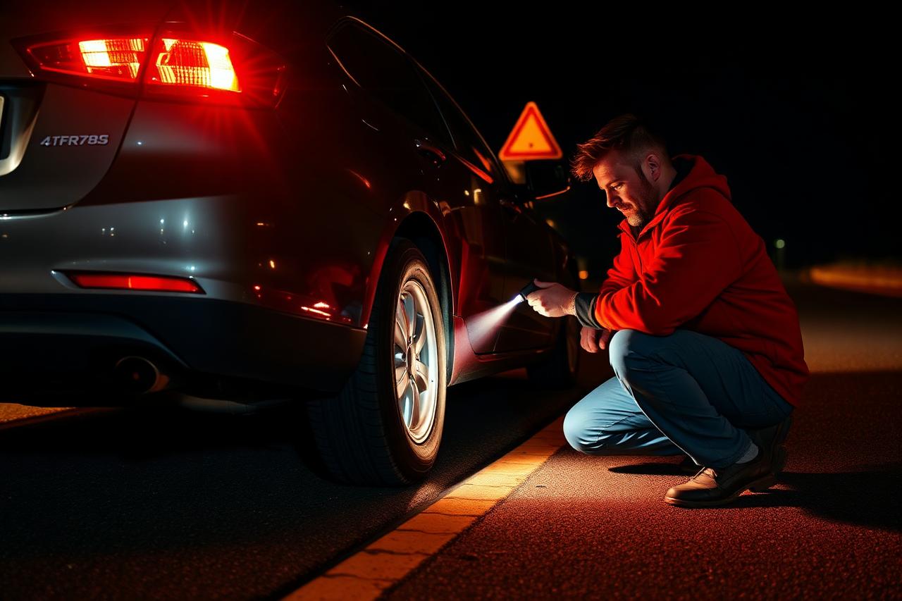 Roadside emergency tyre change at night on a Canberra road